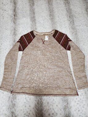 Hem & Thread Aztec Print Long Sleeve Top Size M Beige Burgundy Sweater